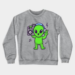 Cute Alien Listening Music With Boombox And Headphone Cartoon Crewneck Sweatshirt